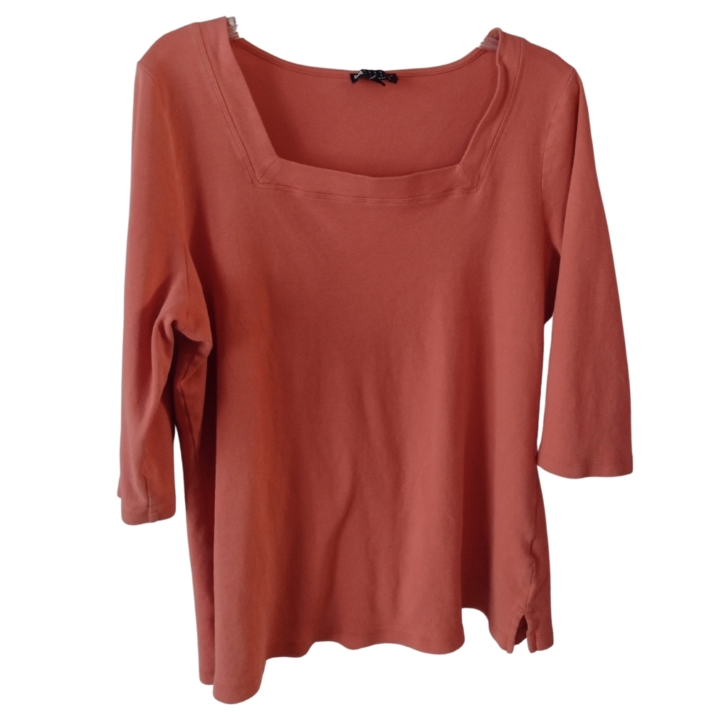 E) Carole Little Woman Rust ¾ Sleeve Square Neck Top Size 2X